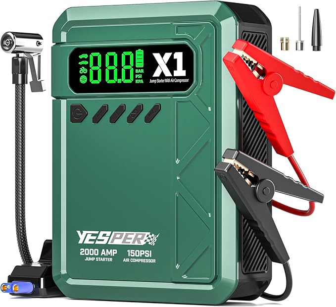 YESPER Jump Starter with Air Compressor 2000A 150PSI Battery Jumper Starter Portable(8L Gas/6L Diesel) 12V Car Jump Pack