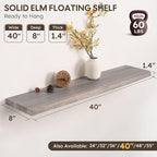 Live Edge Floating Shelf, 40 Inch Solid Elm Wood - Weathered Gray Rustic Wood Wall Shelf with Invisible Brackets for Living R
