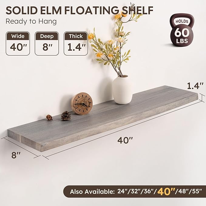 Live Edge Floating Shelf, 40 Inch Solid Elm Wood - Weathered Gray Rustic Wood Wall Shelf with Invisible Brackets for Living R