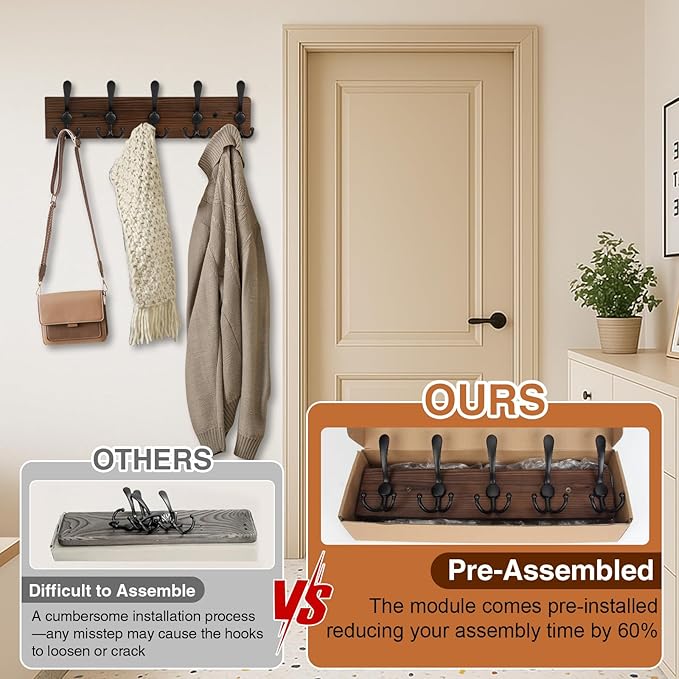 Wooden Coat Rack Wall Mount Heavy Duty, 2 Pack Coat Hanger Wall Mount with 5 Triple Hooks for Clothes, Jacket, Hat, Keys, Spa