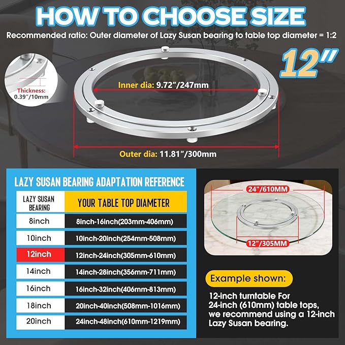 Lazy Susan Hardware,12 inch Heavy Duty Lazy Susan Bearing Kit,Rotating Serving Turntable for Aluminium Alloy Turntable Bearin