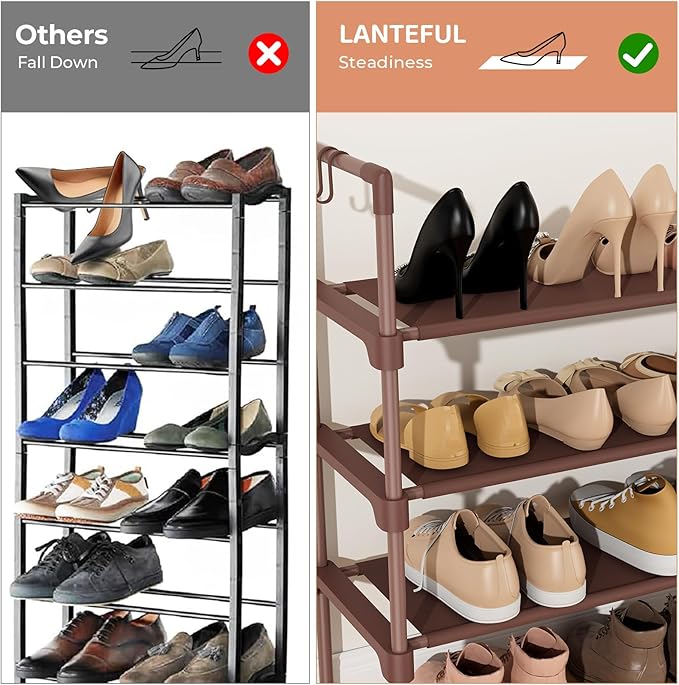 LANTEFUL 3 Tier Shoe Rack for Closet Shoe Organizer with 5 Hooks, Long Shoe Shelf Storage for Shoe and Boot Stackable Free St