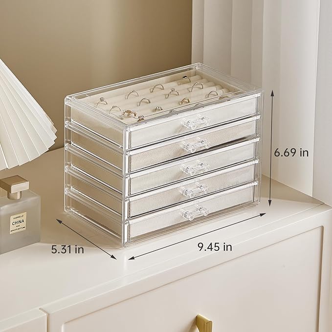 Acrylic Jewelry Box with 5 Drawers, Clear Earring Holder Organizer Rings Display Case with Adjustable Velvet Trays for Women 