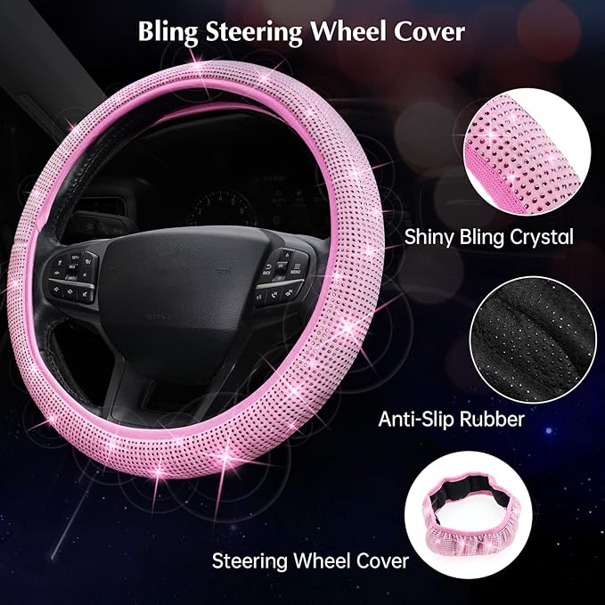 ARTILAURA 11 PCS Bling Car Accessories Set for Women Steering Wheel Covers Butterfly Hanging Seat Belt Cover Air Vent Clips Coasters Cute Glitter Diamond AUTO Accessories Kit (Pink)