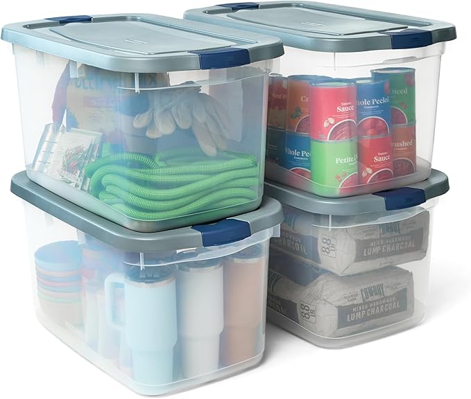 Rubbermaid Roughneck Clear 66 Qt/16.5 Gal Storage Containers, Pack of 4 with Latching Grey Lids, Visible Base, Sturdy and Sta