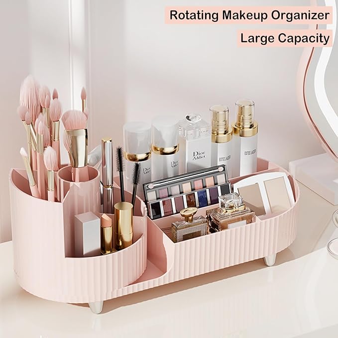 Pink Rotating Vanity Organizer with Brush Holder - Large Spinning Cosmetic Storage, Countertop Makeup & Skincare Organizer, P