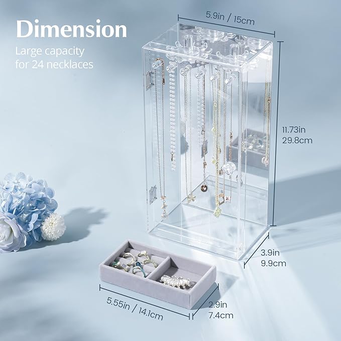Lolalet Necklace Holder Organizer, Acrylic Jewelry Organizer with 24 Hooks, Rotating Clear Necklaces Display Box with Built-i