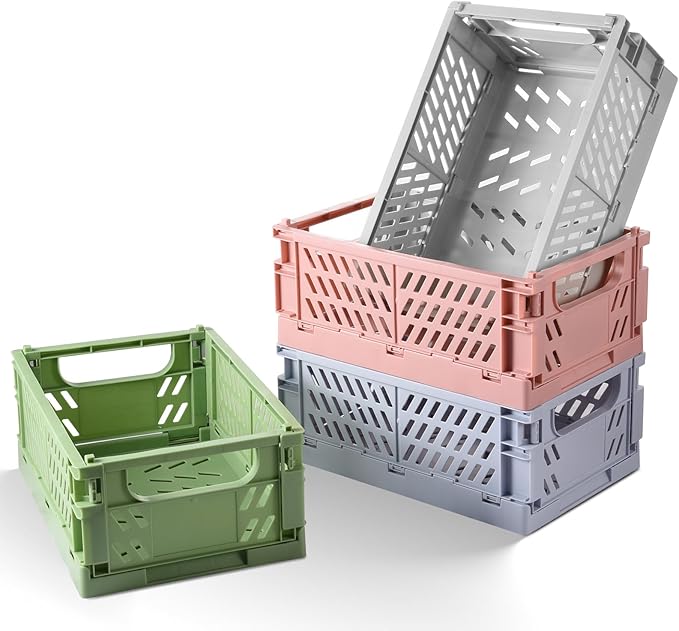 HUUSMOT 4-Pack Small Pastel Plastic Storage Baskets, Collapsible Crates for Organizing, Space-Saving Mini Bins for Classroom,