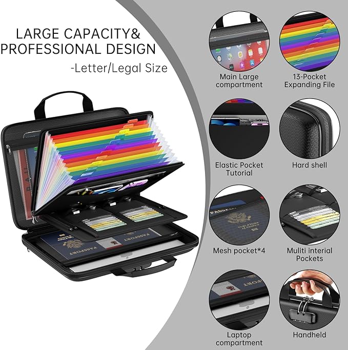 Fireproof File Organizer,Fireproof Document Box with Lock,Large 13 Pocket Expanding File Folder,Hard-Shell Portable Safe Stor