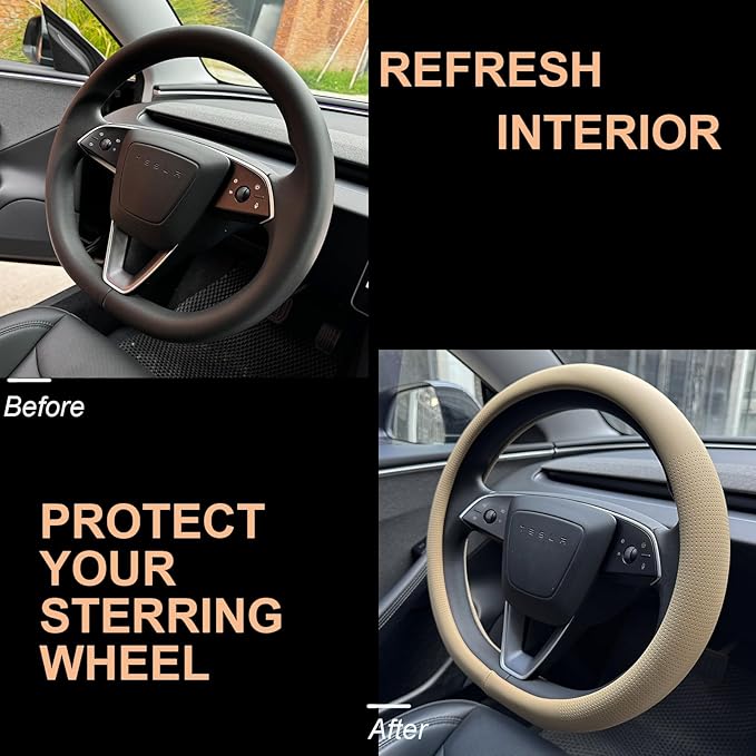 PINCTROT Nappa Leather Steering Wheel Cover for Tesla Model Y/3 Highland/Juniper, D Shaped 14 Inch Small Sized with Breathabl