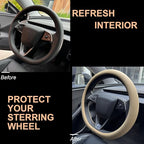PINCTROT Nappa Leather Steering Wheel Cover for Tesla Model Y/3 Highland/Juniper, D Shaped 14 Inch Small Sized with Breathabl