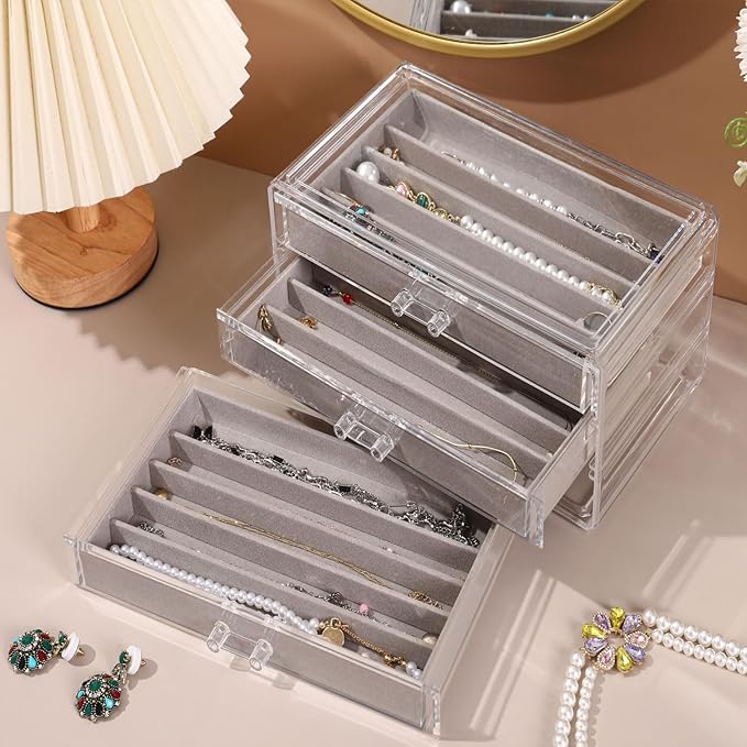 CLUQMEIK Necklace Organizer Box, Tray with Clear Lid, Dustproof Velvet Necklaces Holder Storage Display Case, Necklace Tray D