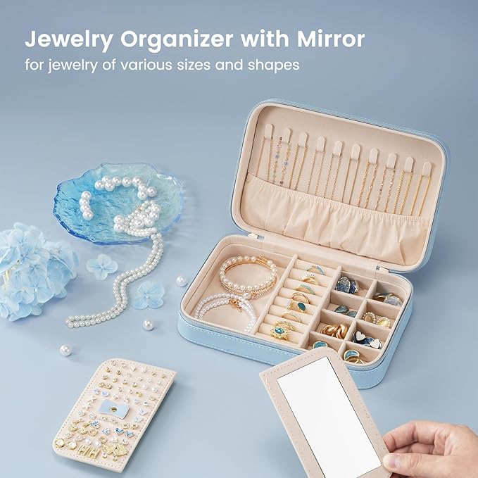 Lolalet Travel Jewelry Case for Women Girls, Travel Jewelry Organizer Box with Mirror & Clear Storage Bag, Small Portable Ear