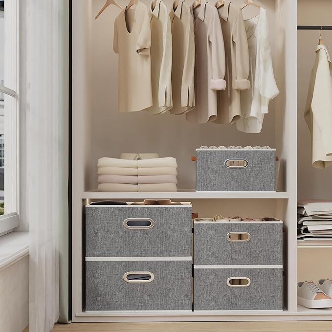Yawinhe Foldable Storage Baskets for Shelves, Fabric Closet Organizers, Bins with 3 Handles, Cubes for Clothes, Grey, 15''Lx9