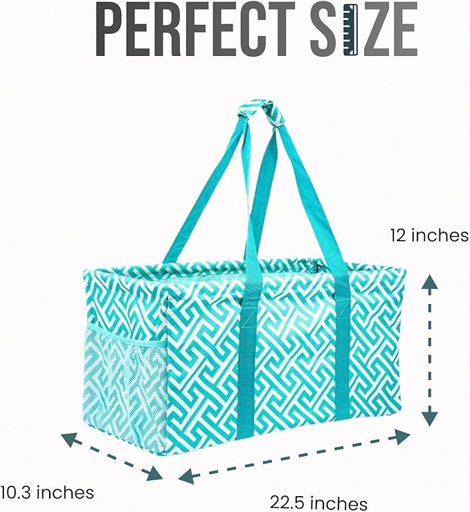 Extra Large Utility Tote Bag - Oversized Collapsible Reusable Wire Frame Rectangular Canvas Basket With Two Exterior Pockets For Beach, Pool, Laundry, Car Trunk, Storage - Geometric Teal