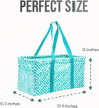 Extra Large Utility Tote Bag - Oversized Collapsible Reusable Wire Frame Rectangular Canvas Basket With Two Exterior Pockets For Beach, Pool, Laundry, Car Trunk, Storage - Geometric Teal