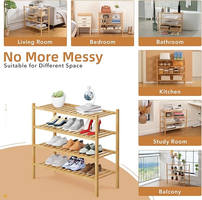 4 Tier Bamboo Shoe Rack Storage Organizer for Closet, Multifunctional Stackable Free Standing Shoe Shelf Organizer for Small 