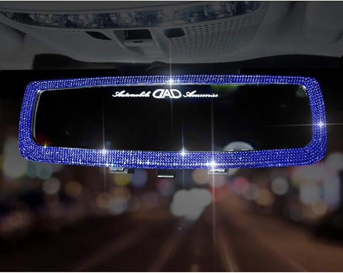 Bling Rhinestone Car Rear View Mirror with Crystal Diamonds Bling Car Accessories for Women-(Blue-1)