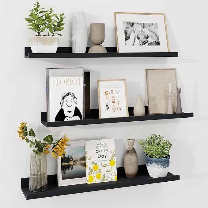 Axeman 30 Inch Floating Shelves | Black Picture Ledge Shelf Set of 3 | Rustic Wood Wall Shelves with Lip | 30" Black Picture 
