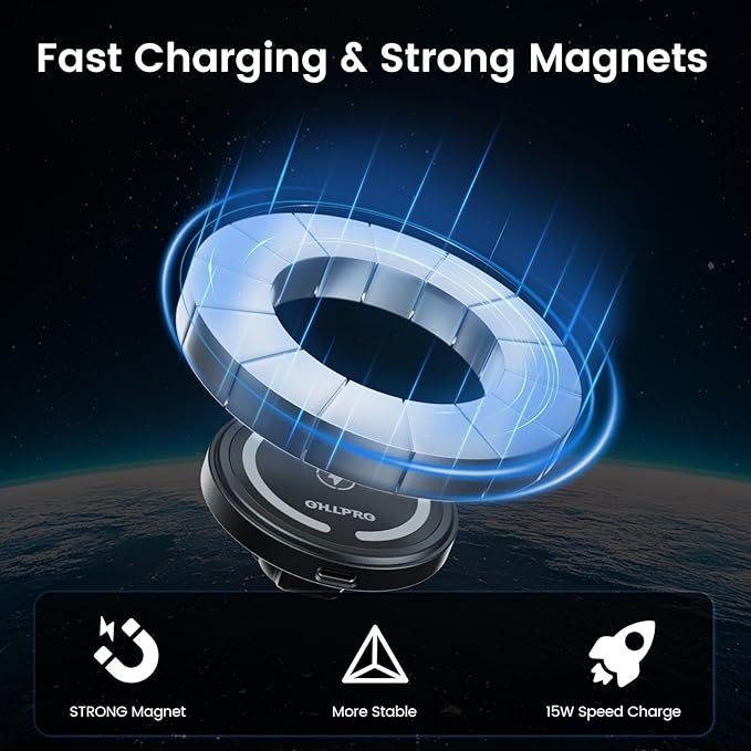 OHLPRO 15W Magsafe Car Mount Charger for iPhone 17, Fast Wireless Charging Magnetic CD Slot Holder with 3M Adhesive Base for Dashboard, Aluminum Shell, Compatible with iPhone 16 15 14 Series, Black
