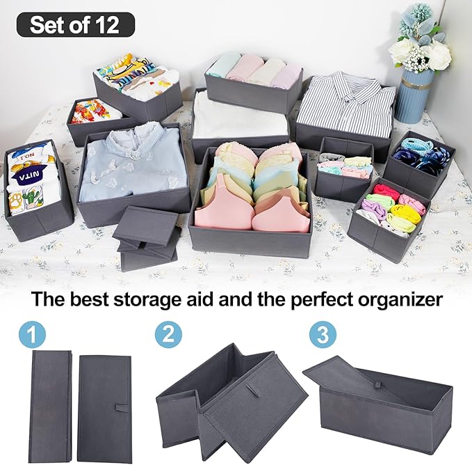 homyfort 12 Pack Dresser Drawer Organizers and Storage Bins for Clothing, Baby Clothes, Bra, Underwear, Socks (Grey)