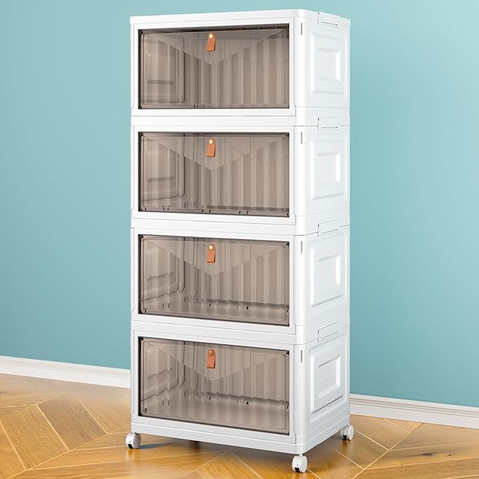 4 Tier Storage Bins with Lids, 23QT Stackable Closet Organizers and Storage with Wheels, Collapsible Storage Boxes, Foldable 