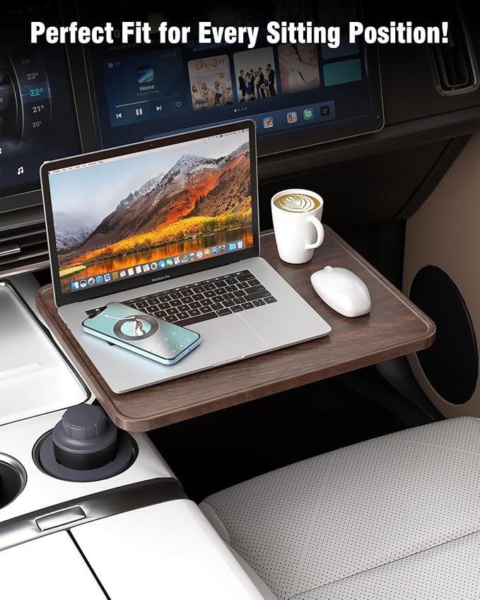 Car Desk for Laptop, Cup Holder Table with 360° Rotation - Wooden Car Laptop Mount, Car Table & Car Food Tray Compatible with Tesla Model Y/3/S & Most Vehicles