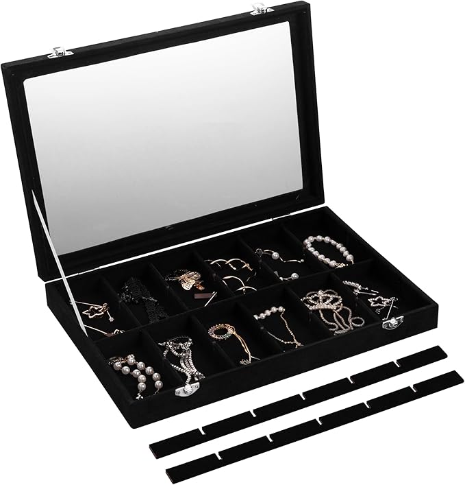 Frebeauty Velvet Jewelry Tray,24 Grid Jewelry Organizer with Clear Lid,Earring Holder Organizer with Clasp,Drawer Insert Ring