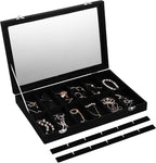 Frebeauty Velvet Jewelry Tray,24 Grid Jewelry Organizer with Clear Lid,Earring Holder Organizer with Clasp,Drawer Insert Ring