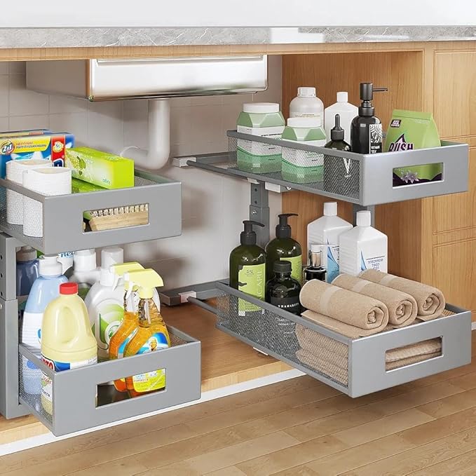 Under Sink Organizer,2-Tier Dual Pull Out Cabinet Organizer Drawers With Smooth Circular Rail,Large Capacity Metal Mesh Slidi