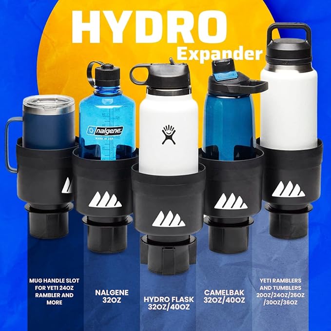 Integral Hydro Expander - Car Cup Holder Expander Organizer with Adjustable Base - Rubber Tabs Hold Most 32 - 40 oz Bottles a