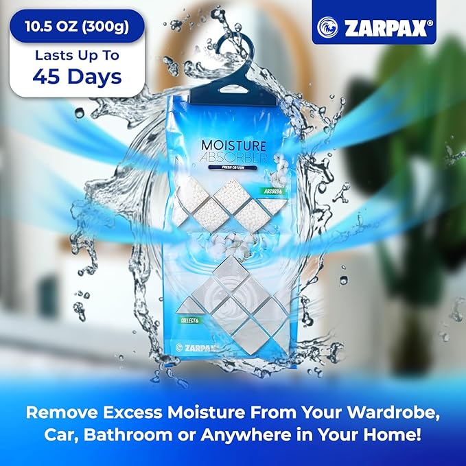Hanging Moisture Absorber Fresh Cotton 10.6 oz/300g | Moisture Absorbing Bags for Bathroom, Closet, Kitchen & Vehicles |