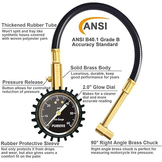 Motorcycle Tire Pressure Gauge 60 PSI, PUIBERS 2’’ dial Mechanical Tire Gauges with 90 Degree Right Angle Chuck Flexible Hose, Tires Guages for Pressure Glow in The Dark for Cars, Motos, Bicycles