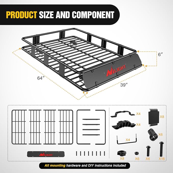 Nilight 64" x 39" x 6" Universal Roof Rack Cargo Basket Heavy-Duty 250LBS Capacity Rooftop Cargo Carrier Luggage Holder for SUV Truck Vehicle