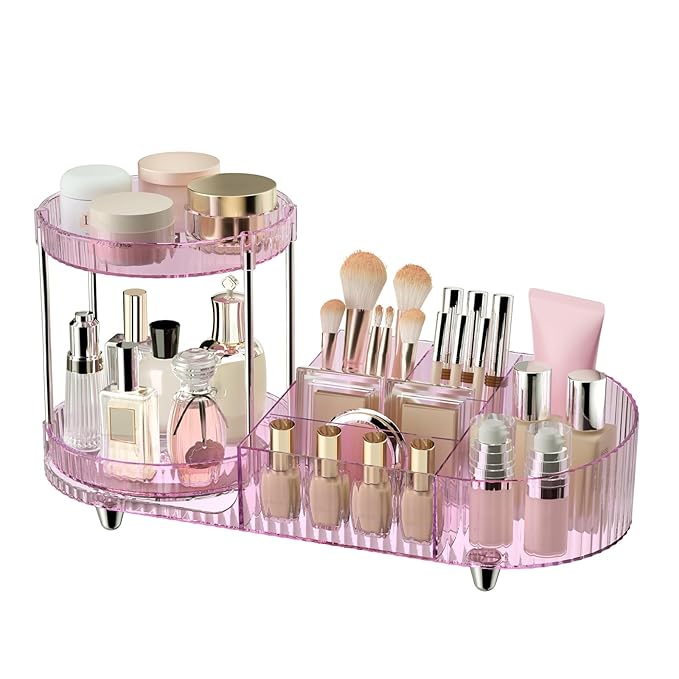 360 Rotating Vanity Makeup Organizer, 2 Small Trays & 5 Compartments for Cosmetics, Skincare, Perfume, Lipstick & Make up Bru