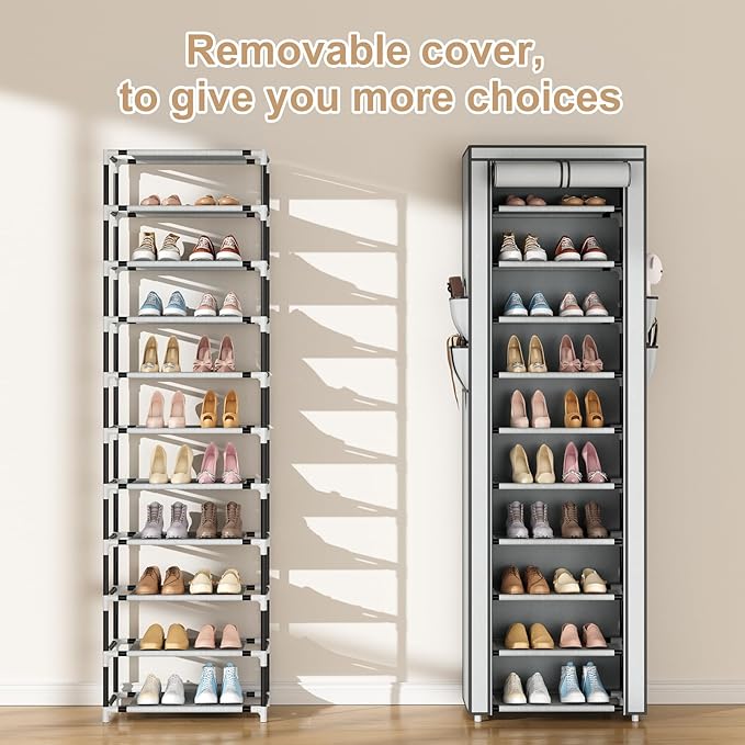 ROJASOP Shoe Rack with Covers 10 Tier Large Shoe Organizer Tall Shoe Closet Storage for 20-22 Pairs Shoe and Boot, Free Stand