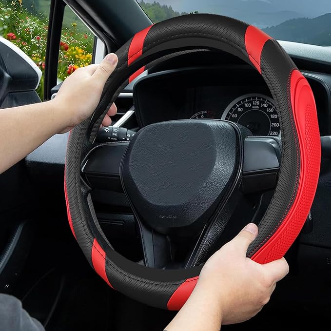 Concave Convex Massage Black Red Microfiber Leather Steering Wheel Cover, 14.5-15 Inch Non-Slip Breathable Microfiber Car Ste