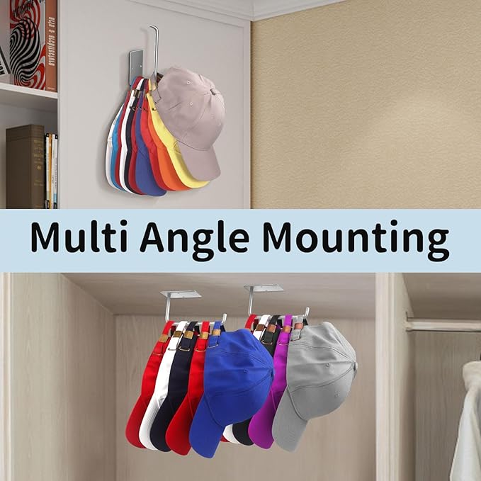 Hat Racks for Baseball Caps 2 Pack, Stainless Steel Adhesive Hat Hanger Hooks Holder for Wall, Multi-Purpose Strong Hook Orga