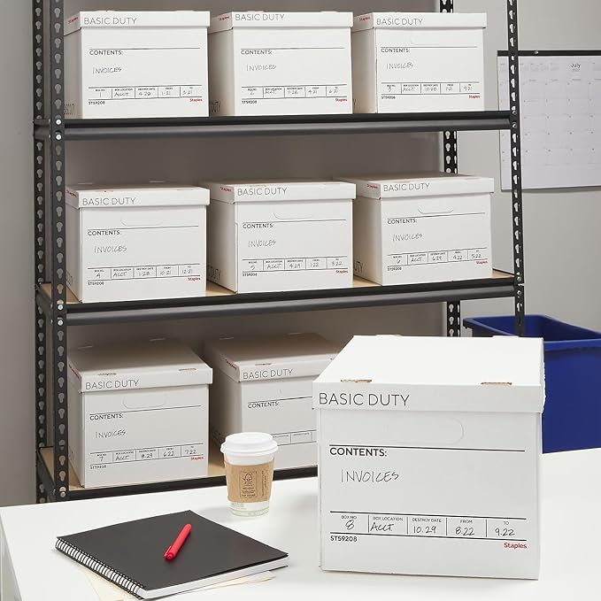 STAPLES Corrugated File Box Lift Off Lid, Letter/Legal Size, White/Black, 10/Pack