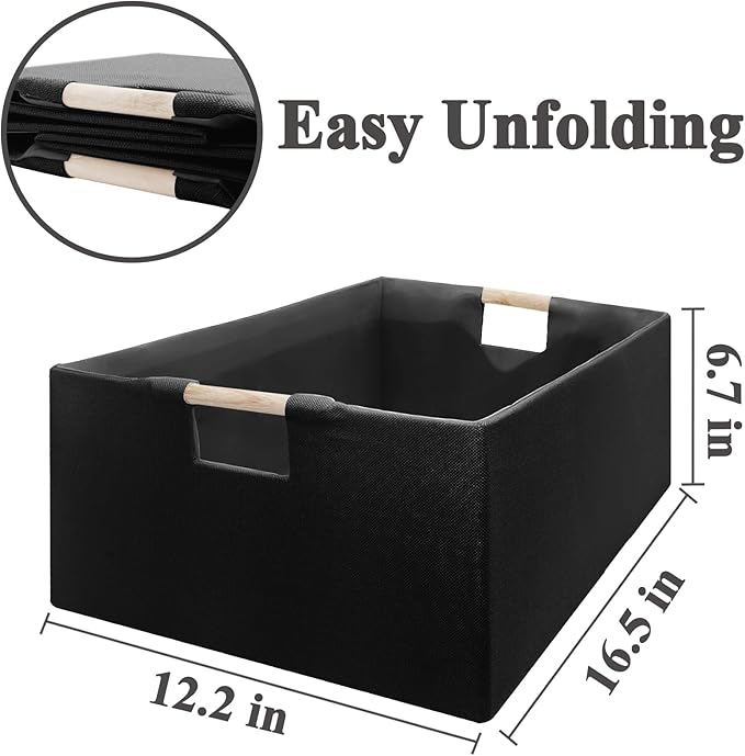 Foldable Fabric Storage Cubes, 2 Packs Cloth Storage Baskets with Wooden Handles, Collapsible Shelf Closet Organizer Bins, Re