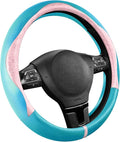 PIC AUTO Steering Wheel Cover, Pink Patterned & Blue Leather Patchwork Design, Universal Fit 14.5"–15.5", Anti-Slip, Odor-Fre