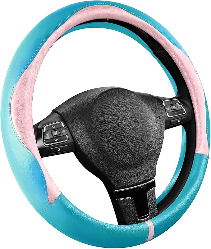 PIC AUTO Steering Wheel Cover, Pink Patterned & Blue Leather Patchwork Design, Universal Fit 14.5"–15.5", Anti-Slip, Odor-Fre
