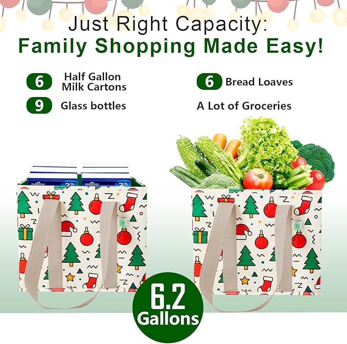 VENO 3 Pack Christmas Reusable Grocery Bags, Shopping Bags for Groceries, Tote with Handles and Hard Bottom, Foldable Shopping Cart Organizer, Water Resistant, Heavy-Duty (Jingle Mix, 6 Gallon)