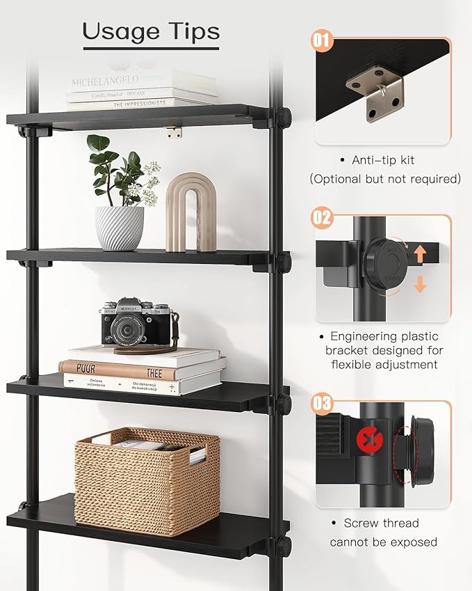 ALLZONE 5 Tiers Narrow Bookshelf, Tall Adjustable Ladder Book Shelf with Open Storage, Floor to Ceiling Tension Mount, Wooden