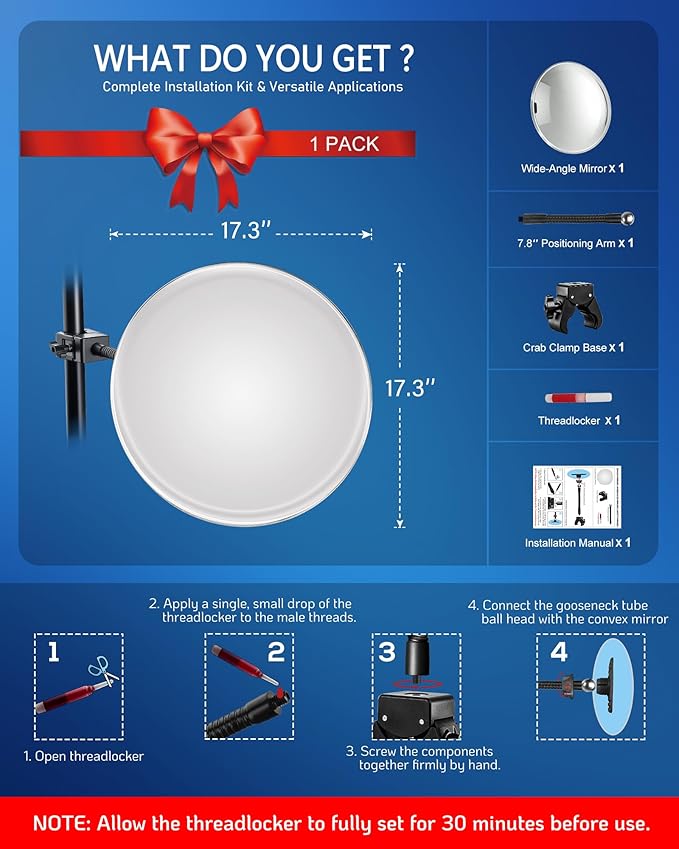 17.3" Wide‑Angle HD Convex Mirror with Crab Clamp Base - Acrylic Safety Security Traffic Corner Mirror, Round Frameless Observation Mirror for Garage, Driveway, Warehouse, Office, Store - Clamp-Mount