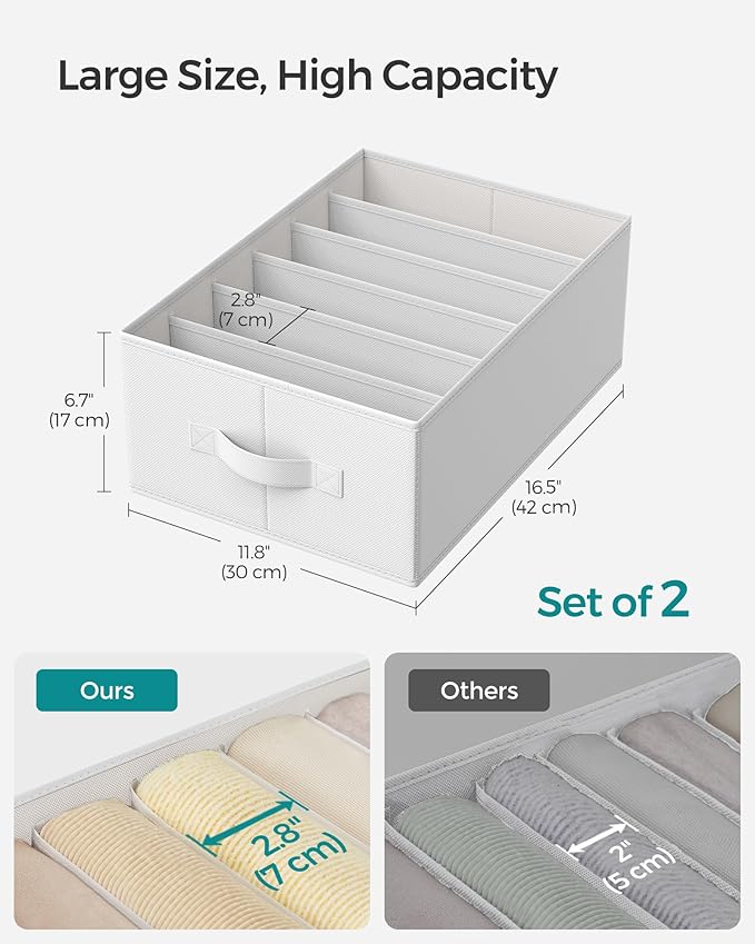 SONGMICS Set of 2 Large Size Wardrobe Clothes Organizers, 6-Compartment Foldable Drawer Organizers with Handles, 16.5 x 11.8 