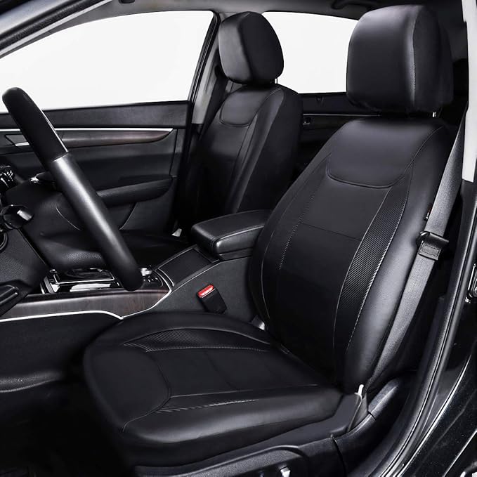 Flying Banner car seat Covers Protects Water Proof Faux Leather Carbon Fiber Front and Rear Bench (Black Black, Full Set - 9P