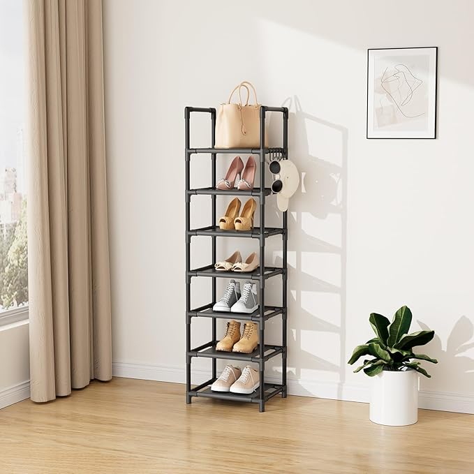 LANTEFUL Tall Shoe Rack 7 Tier Narrow Shoe Shelf Storage for 7-14 Pairs Shoe and Boot, Sturdy Shoe Storage Space Saving Corne