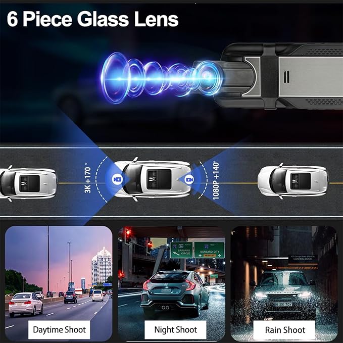 3 Channel Mirror Dash Cam with 4K+Inside 1080P+ 1080P 10 Inch Triple Rearview Mirror Camera, Night Vision, G-Sensor, Reverse 