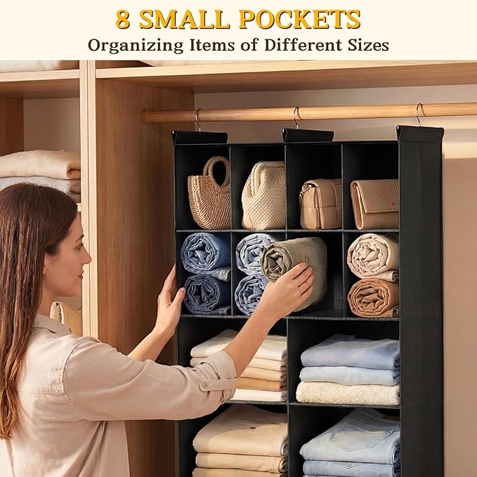 Ofiray-home 4 Tier Hanging Closet Organizer, 12 Compartments Sweater Organizer for Closet with 3 Sturdy Hooks, Closet Organiz
